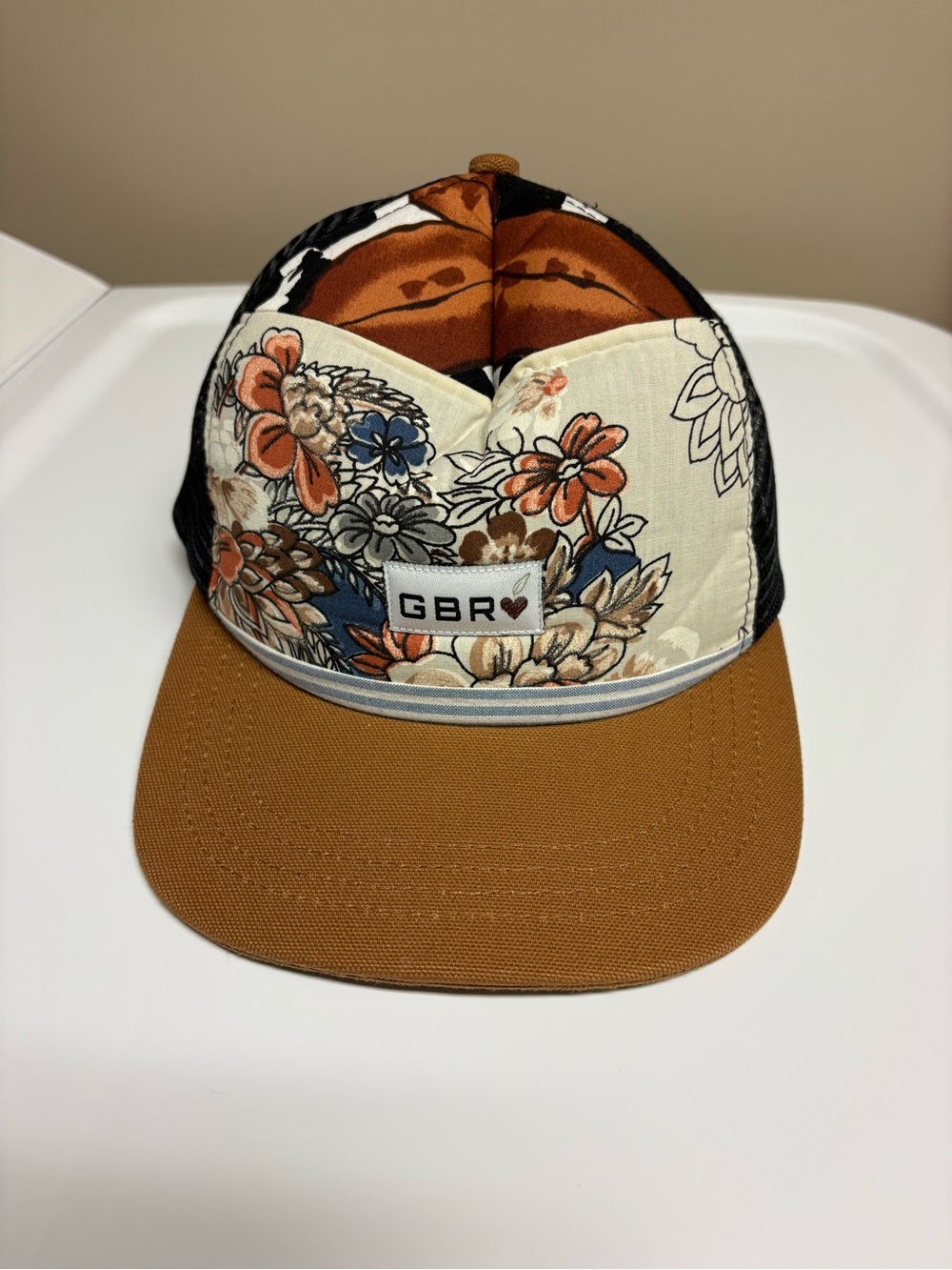 Green bean reloved Floral Panel Trucker Hat in Brown, Cream and Blue